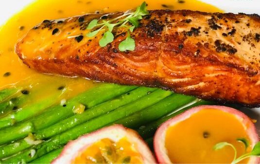 Pan Fried Fillet Salmon With Passion Fruit Dressing